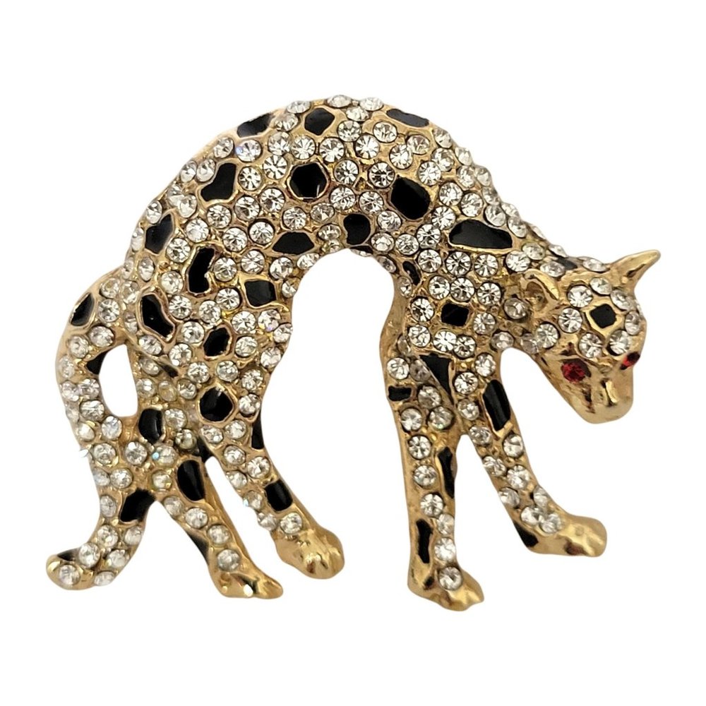 Leopard Cat Goldtone Brooch Pin With Rhinestones Black Enamel Spots Red Eyes Vtg
